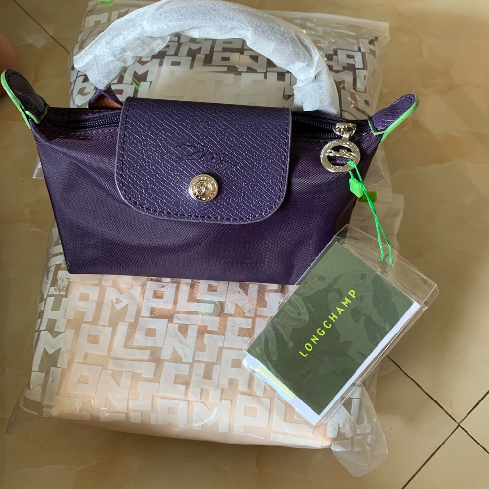 Longchamp Mini Top-Handle Tote in Deep Purple with Lime Trim